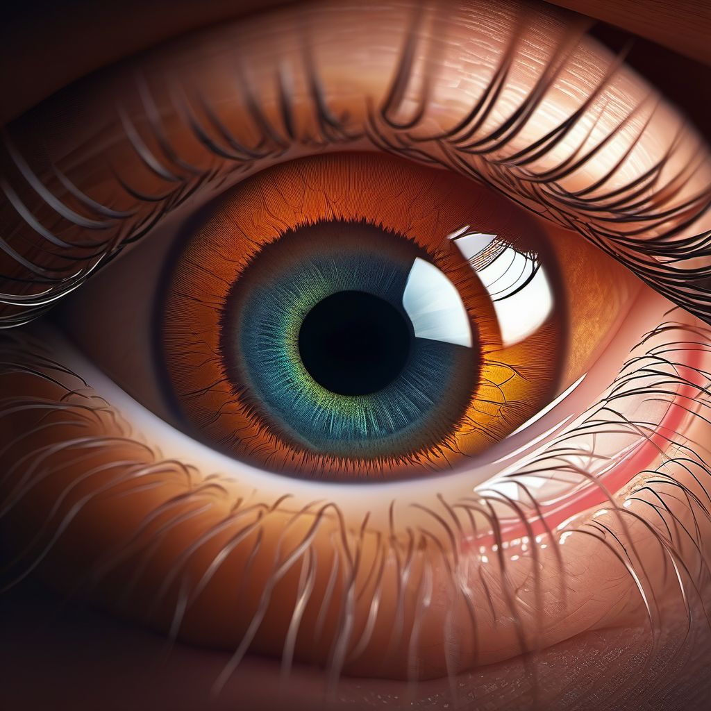 Retained (nonmagnetic) (old) foreign body in anterior chamber digital illustration