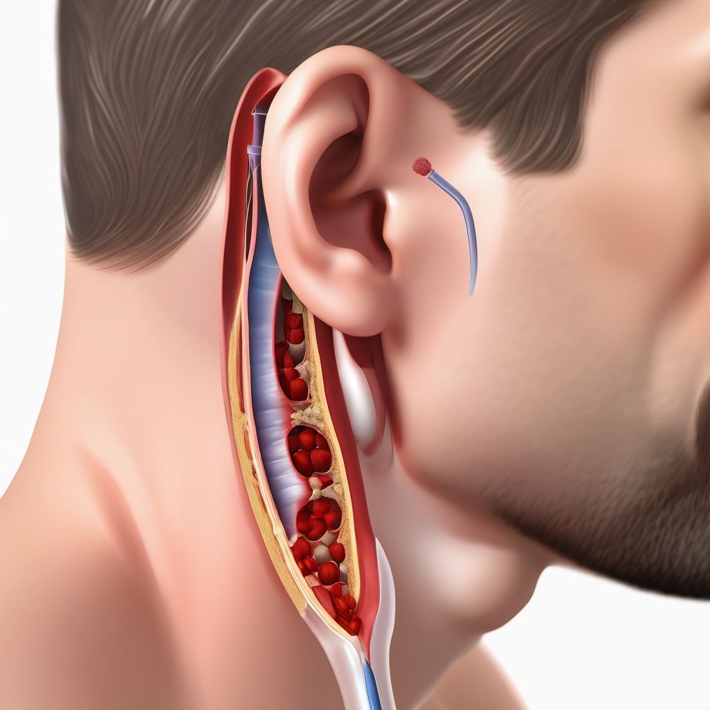 Accidental puncture and laceration of ear and mastoid process during a procedure digital illustration