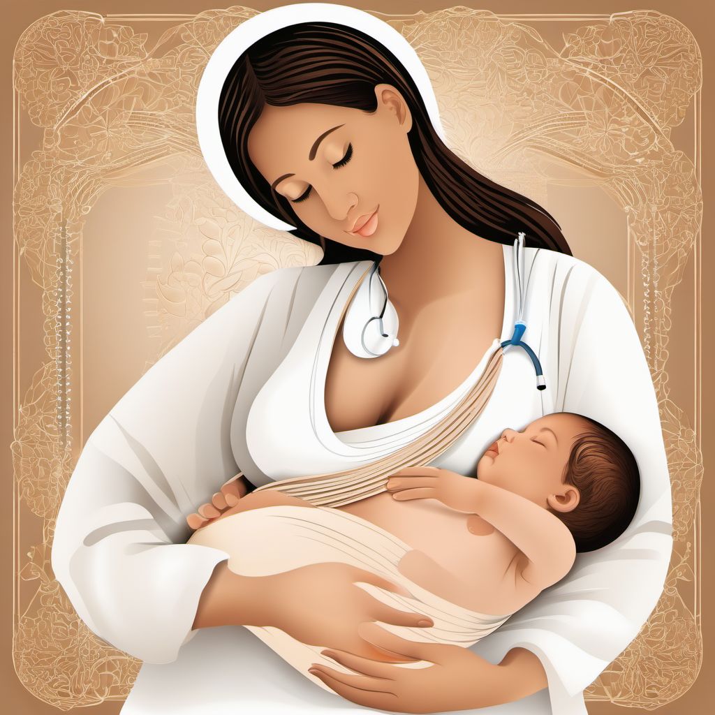 Labor and delivery complicated by cord around neck, with compression digital illustration