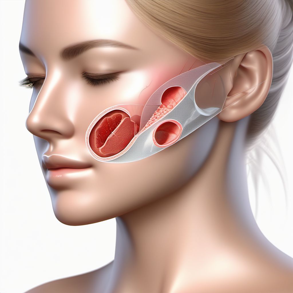 Laceration with foreign body of unspecified cheek and temporomandibular area digital illustration