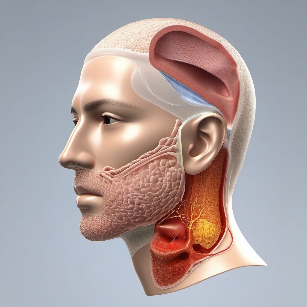 Puncture wound with foreign body of right cheek and temporomandibular area digital illustration