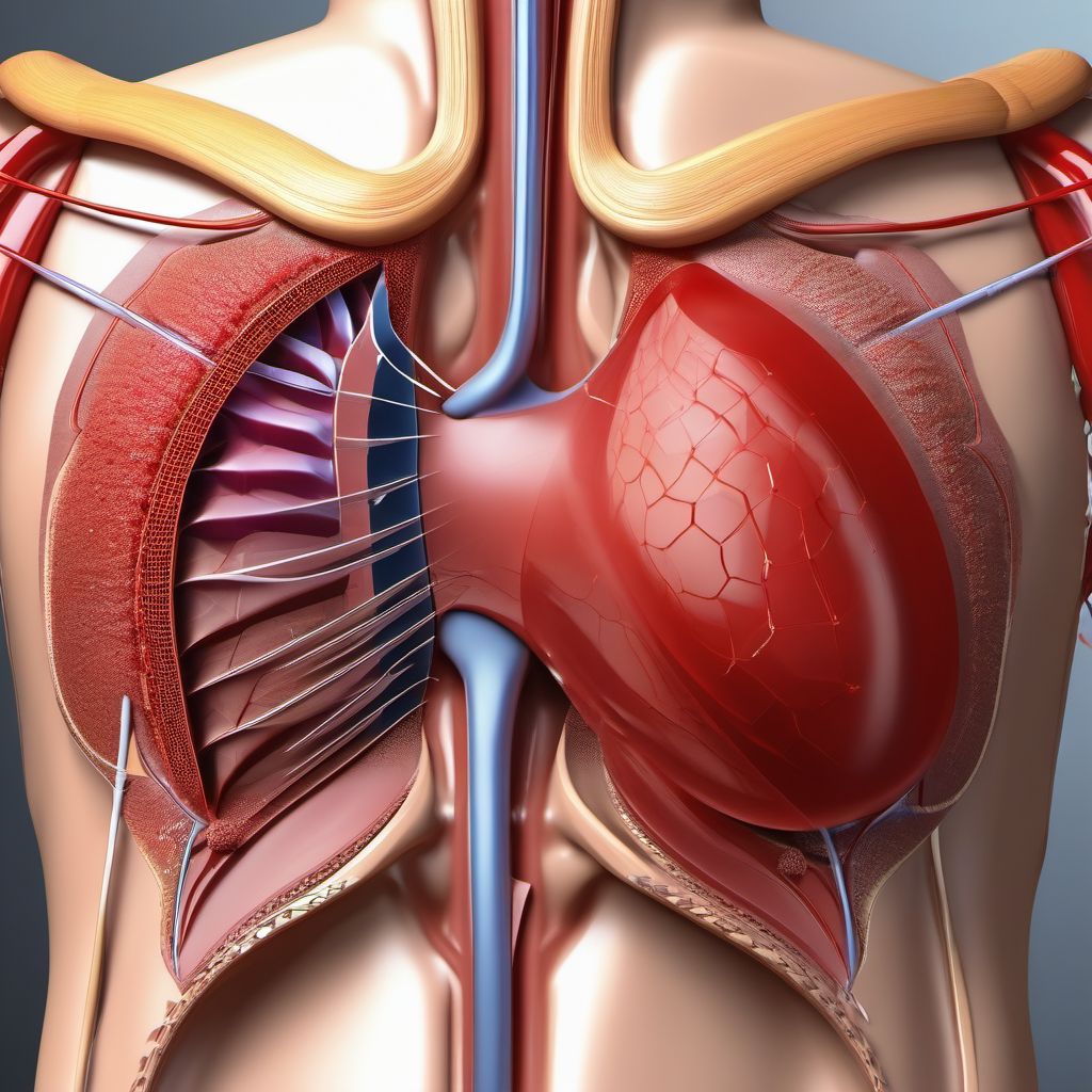 Puncture wound with foreign body of front wall of thorax without penetration into thoracic cavity digital illustration