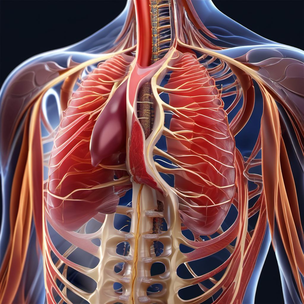 Laceration with foreign body of left front wall of thorax with penetration into thoracic cavity digital illustration