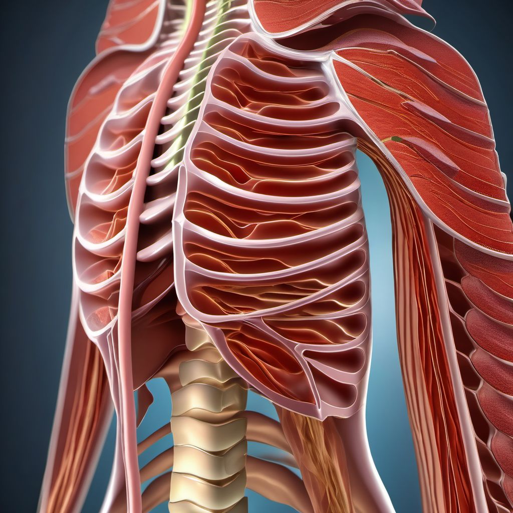 Open bite of left back wall of thorax with penetration into thoracic cavity digital illustration