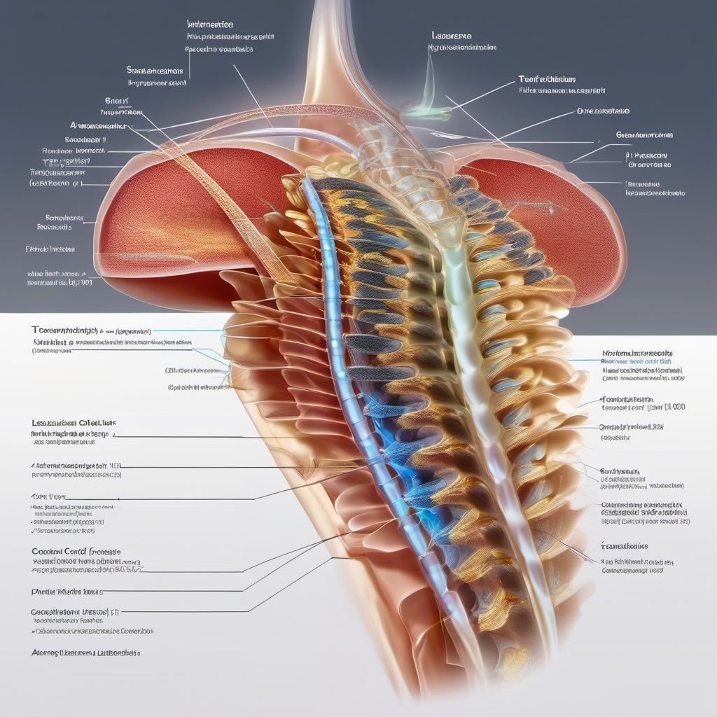 Complete lesion at T7-T10 level of thoracic spinal cord digital illustration