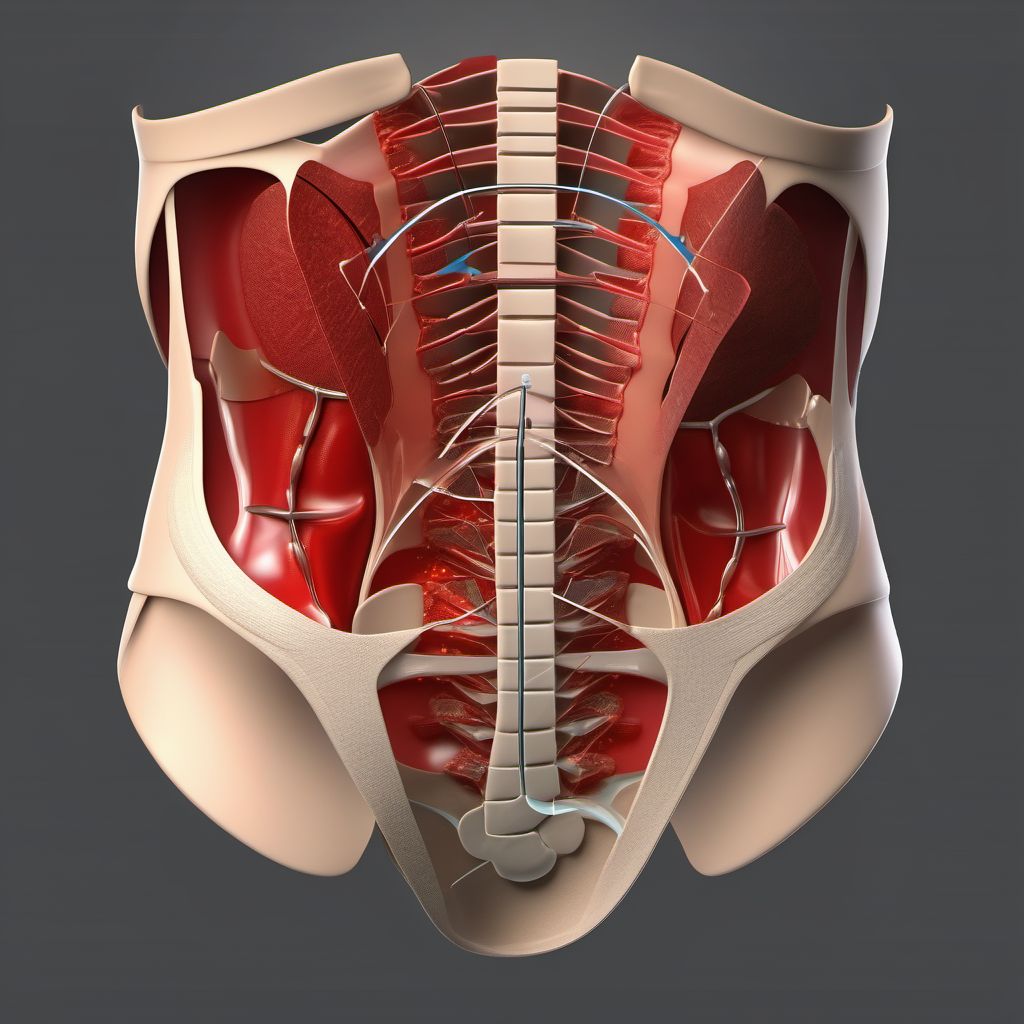 Laceration with foreign body of lower back and pelvis with penetration into retroperitoneum digital illustration