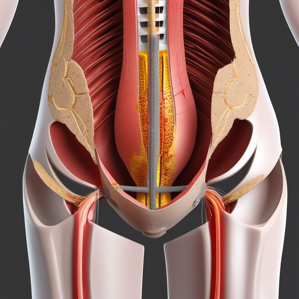 Puncture wound with foreign body of lower back and pelvis with penetration into retroperitoneum digital illustration