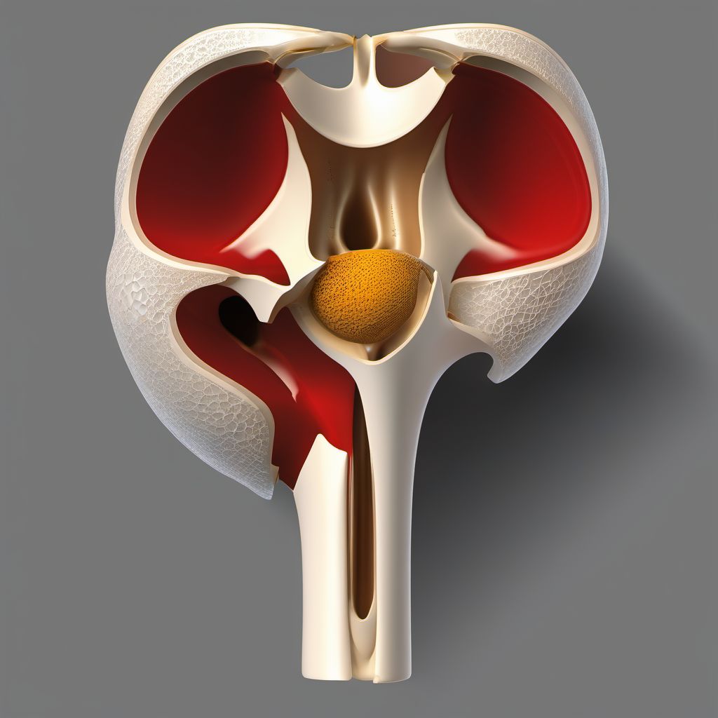 Displaced associated transverse-posterior fracture of right acetabulum digital illustration