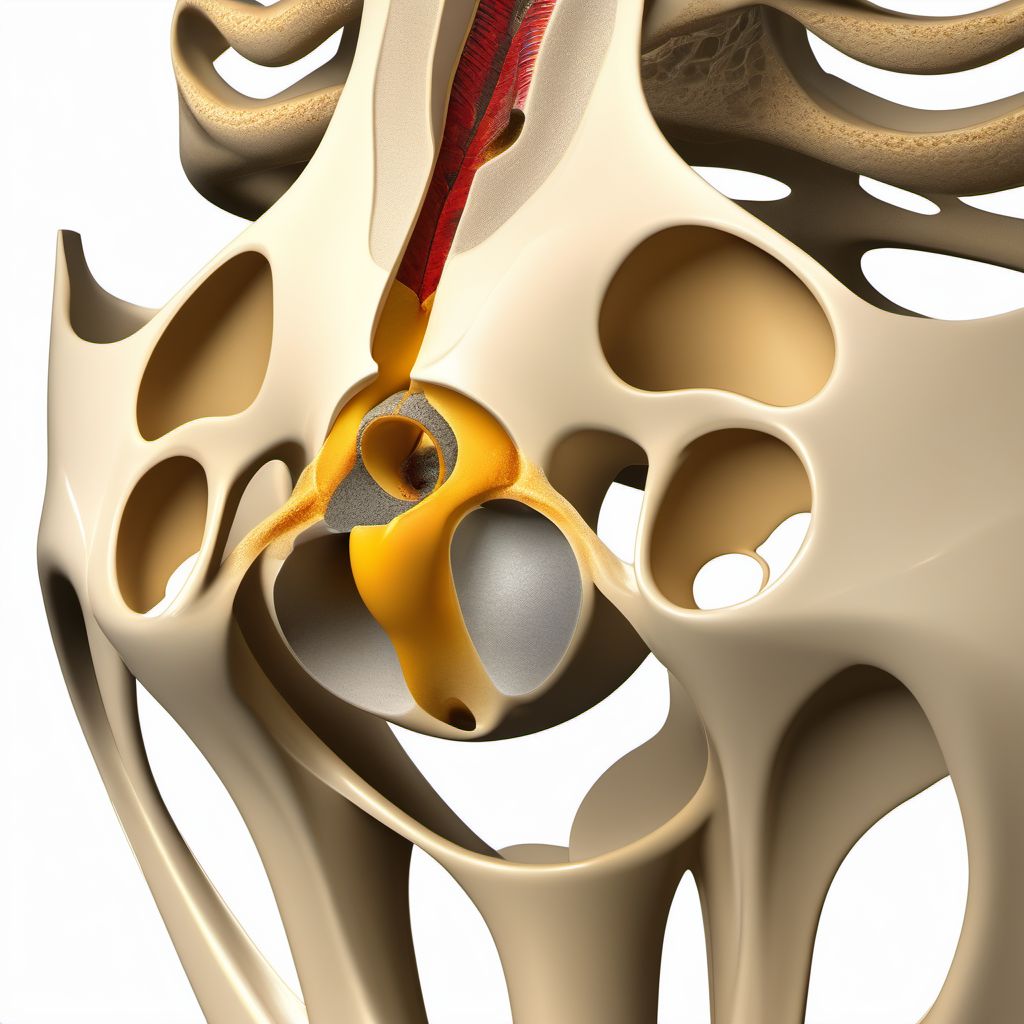 Nondisplaced associated transverse-posterior fracture of right acetabulum digital illustration