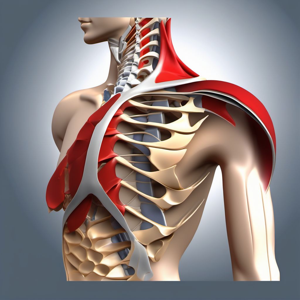 Displaced fracture of body of scapula, right shoulder digital illustration