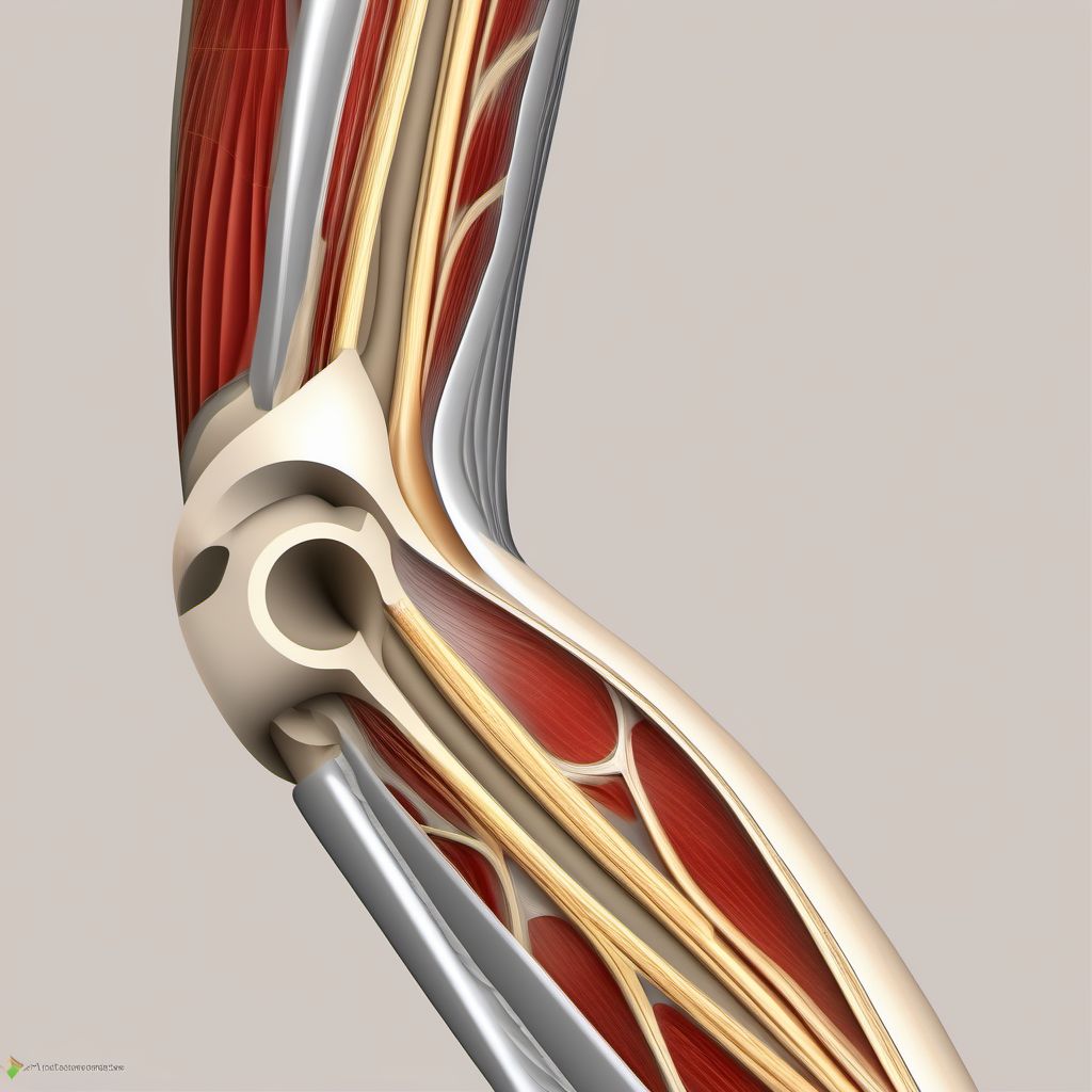 Nondisplaced comminuted fracture of shaft of humerus, left arm digital illustration