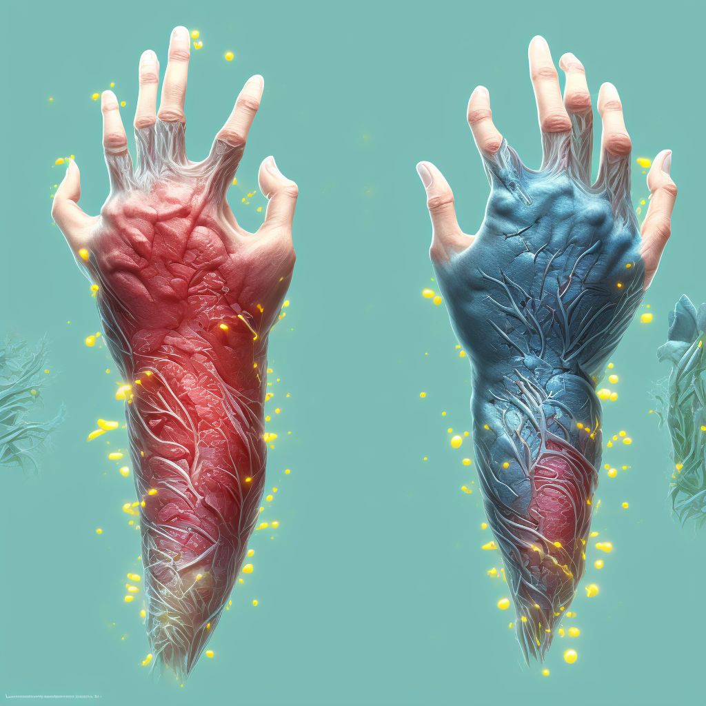 Laceration of flexor muscle, fascia and tendon of left middle finger at forearm level digital illustration