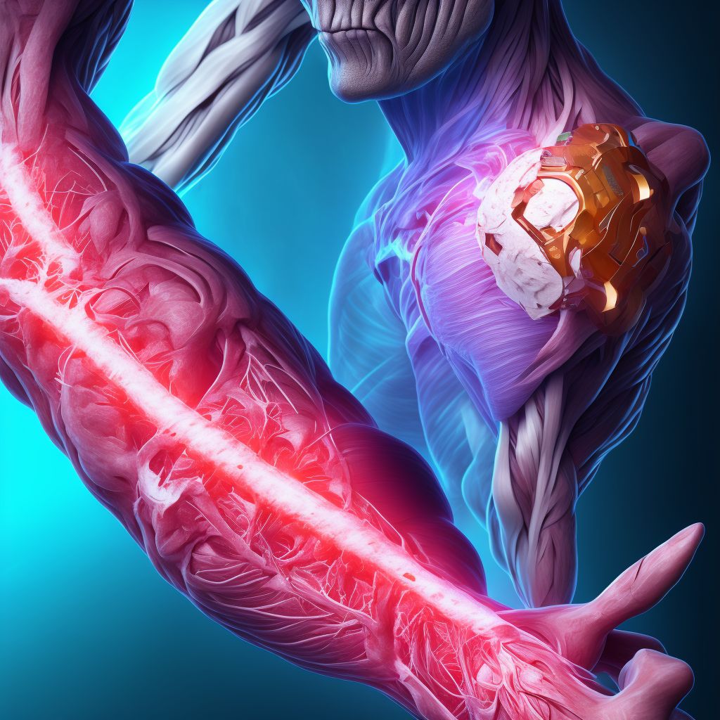 Laceration of other flexor muscle, fascia and tendon at forearm level, right arm digital illustration