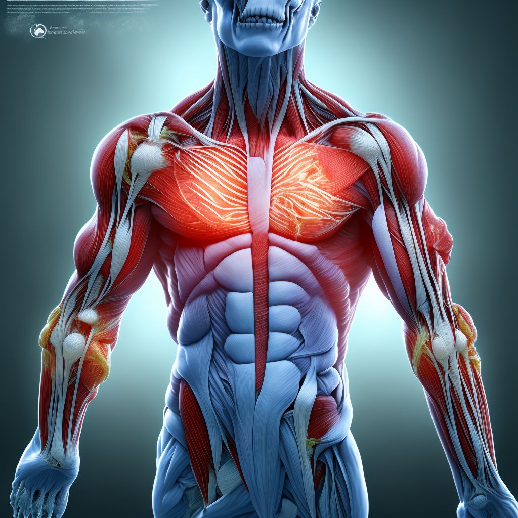 Unspecified injury of extensor or abductor muscles, fascia and tendons of left thumb at forearm level digital illustration