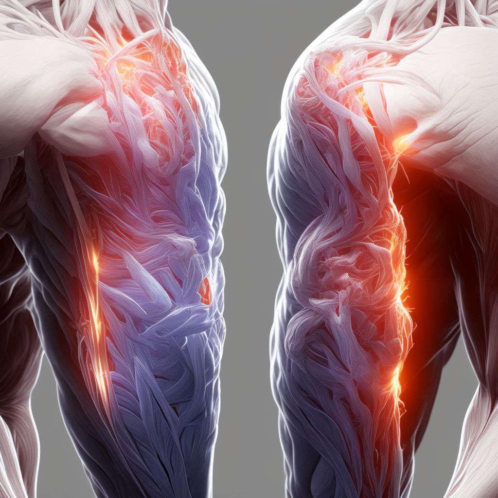 Laceration of extensor or abductor muscles, fascia and tendons of right thumb at forearm level digital illustration