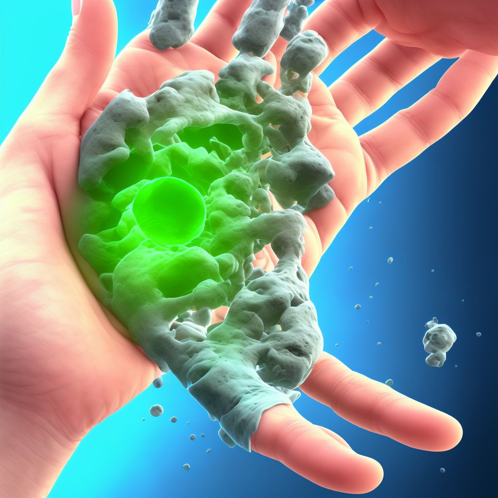 Traumatic rupture of unspecified ligament of left middle finger at metacarpophalangeal and interphalangeal joint digital illustration