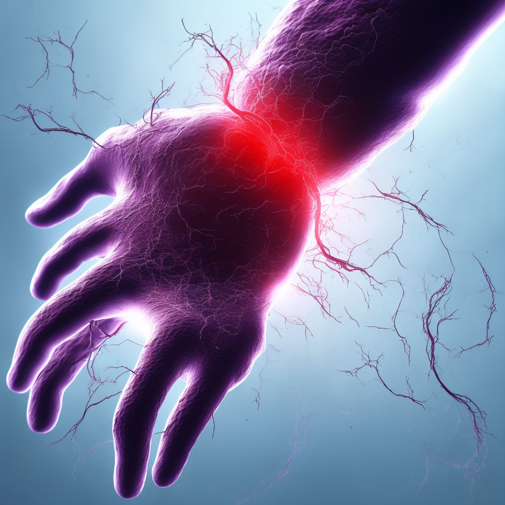 Laceration of unspecified blood vessel at wrist and hand level of right arm digital illustration