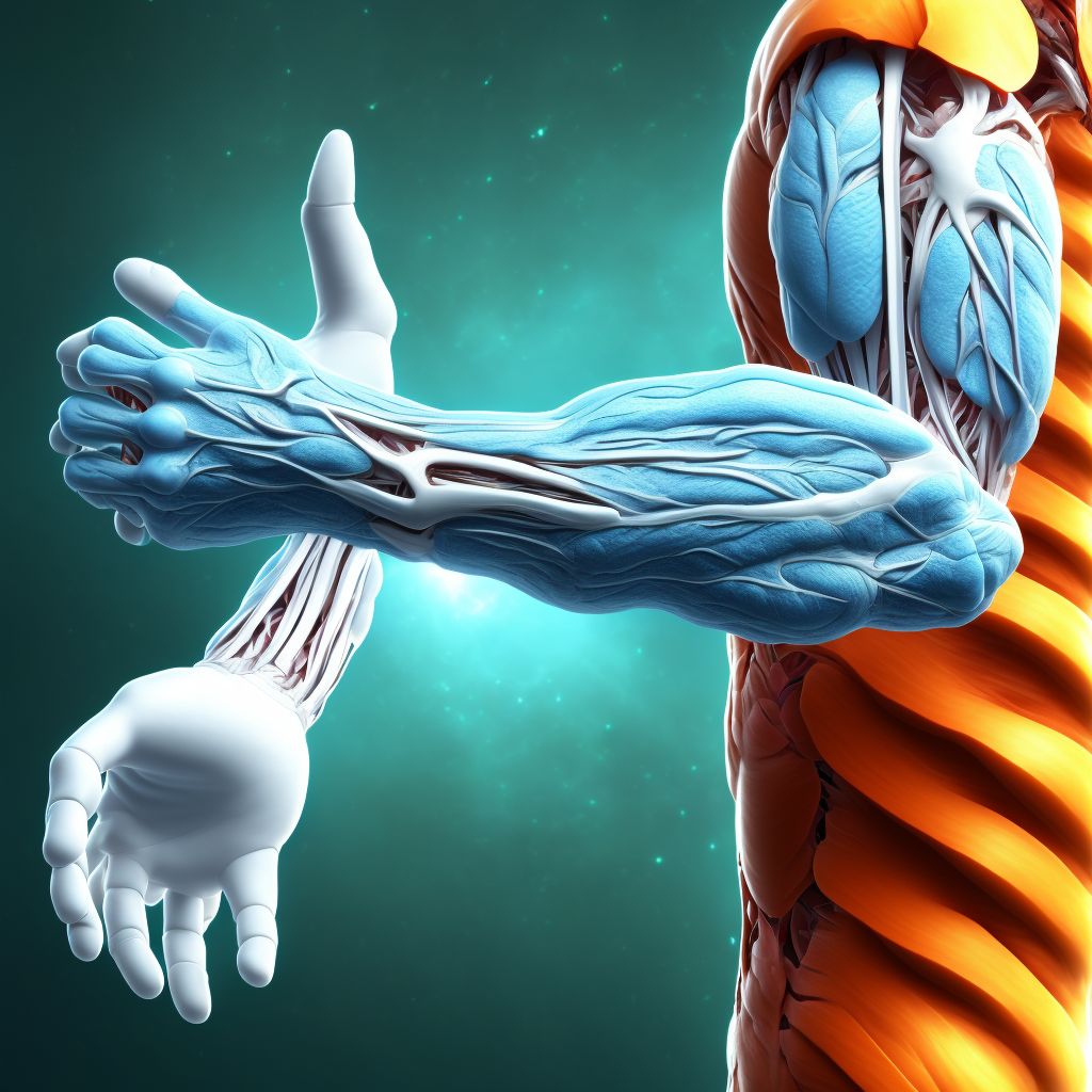 Strain of long flexor muscle, fascia and tendon of right thumb at wrist and hand level digital illustration