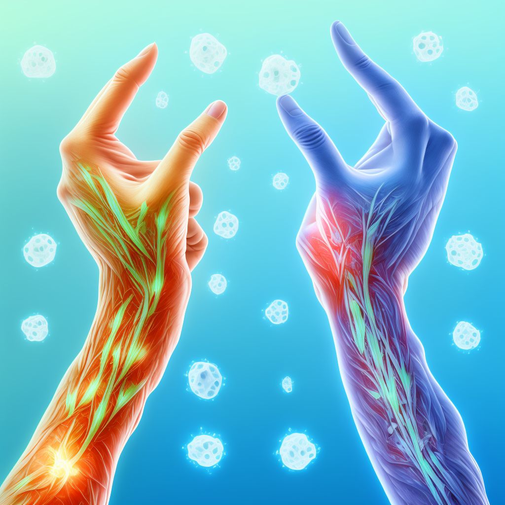 Strain of flexor muscle, fascia and tendon of left index finger at wrist and hand level digital illustration