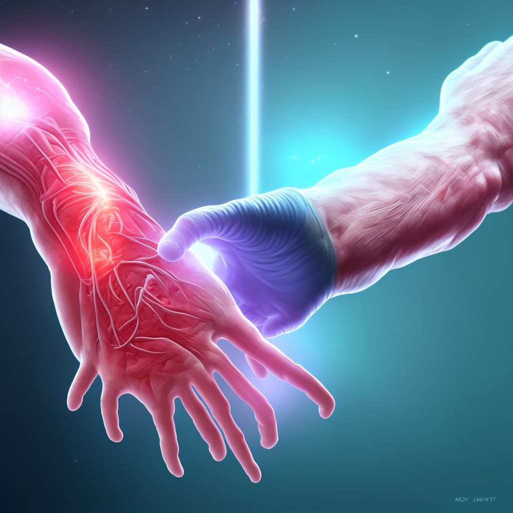 Strain of extensor muscle, fascia and tendon of left thumb at wrist and hand level digital illustration