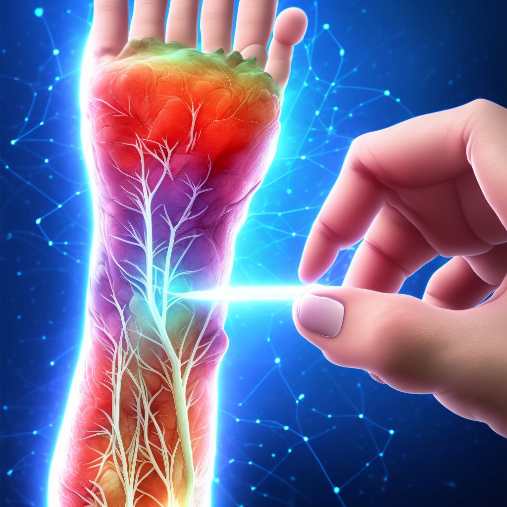 Strain of extensor muscle, fascia and tendon of right middle finger at wrist and hand level digital illustration