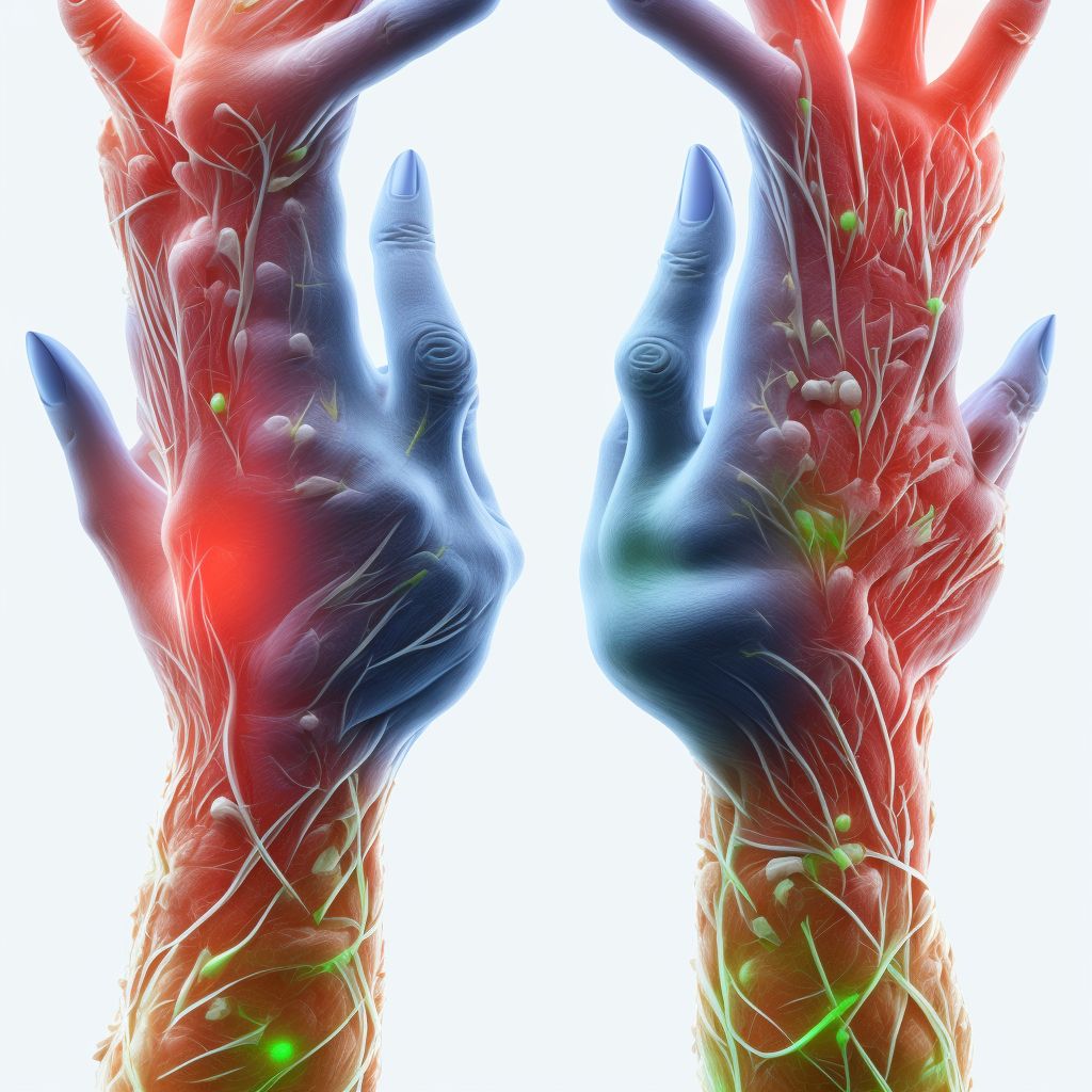 Strain of extensor muscle, fascia and tendon of left ring finger at wrist and hand level digital illustration