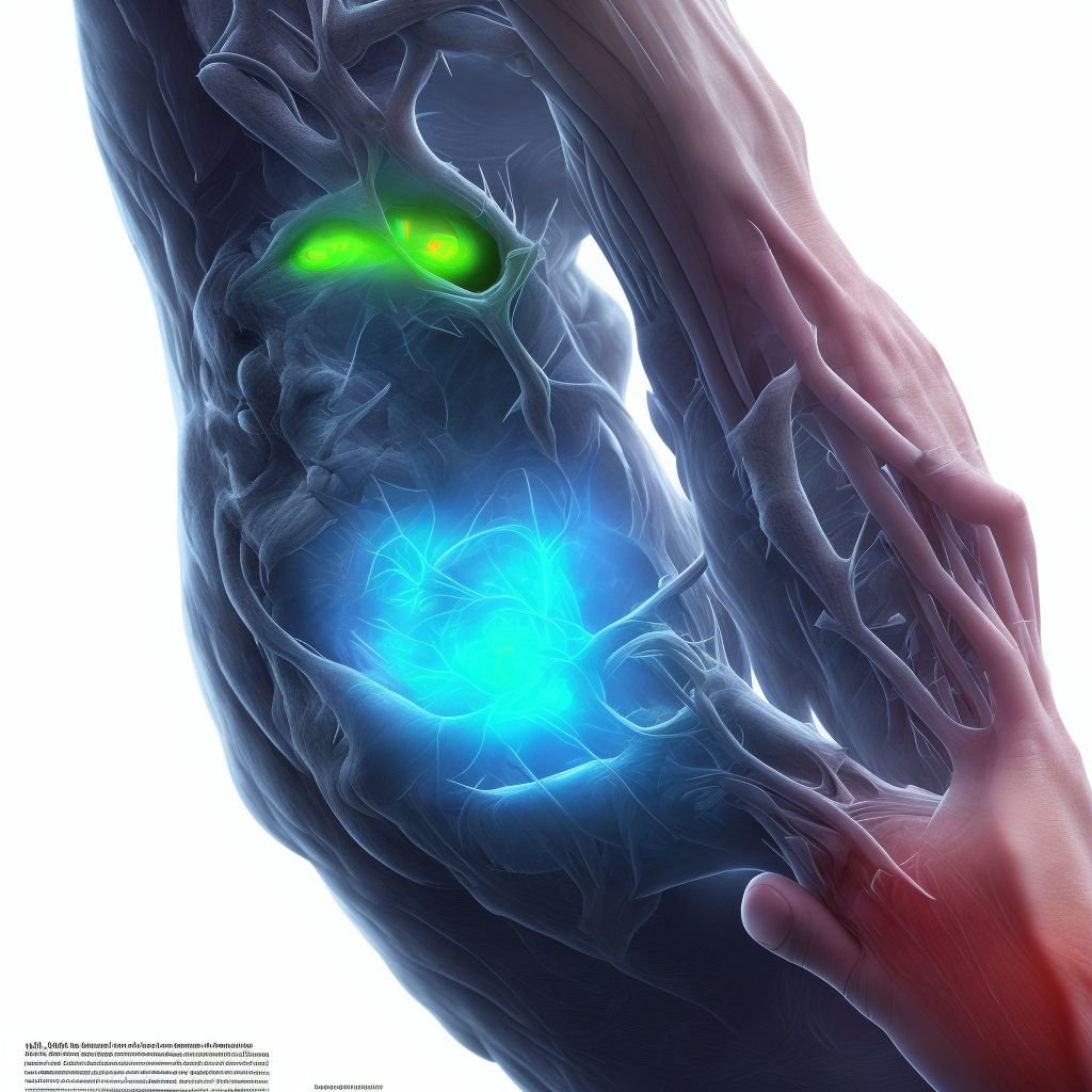 Strain of extensor muscle, fascia and tendon of left little finger at wrist and hand level digital illustration