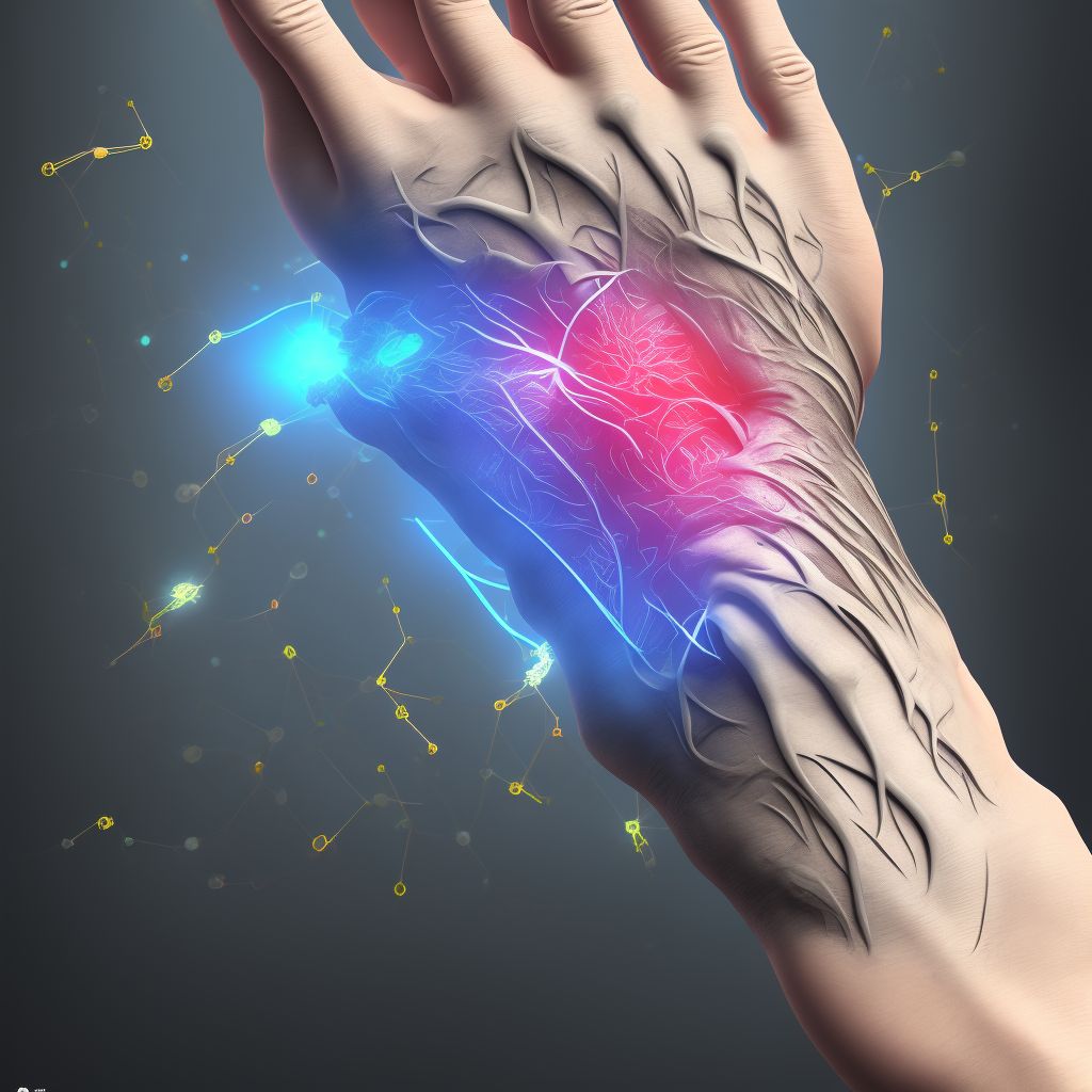 Laceration of extensor muscle, fascia and tendon of left index finger at wrist and hand level digital illustration