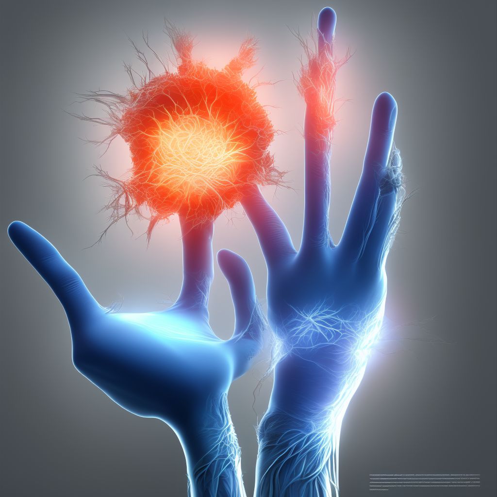 Laceration of extensor muscle, fascia and tendon of left middle finger at wrist and hand level digital illustration