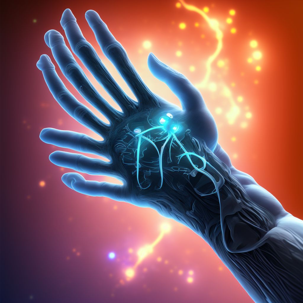 Strain of intrinsic muscle, fascia and tendon of left index finger at wrist and hand level digital illustration