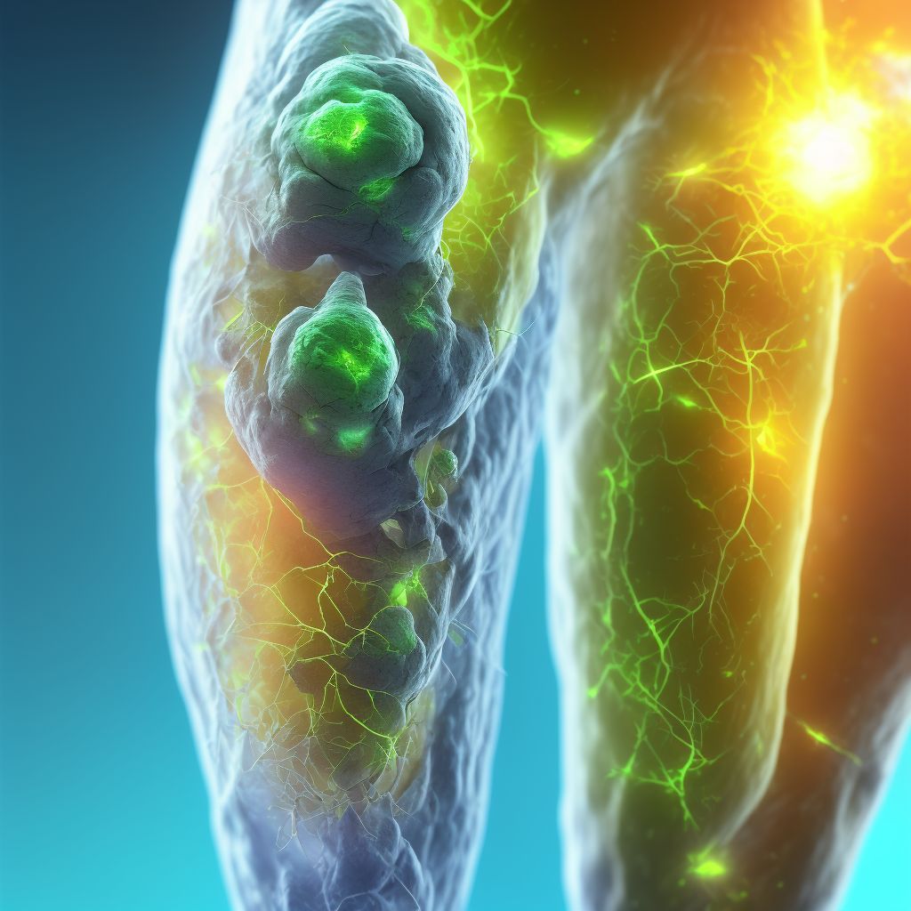 Major laceration of greater saphenous vein at hip and thigh level, right leg digital illustration