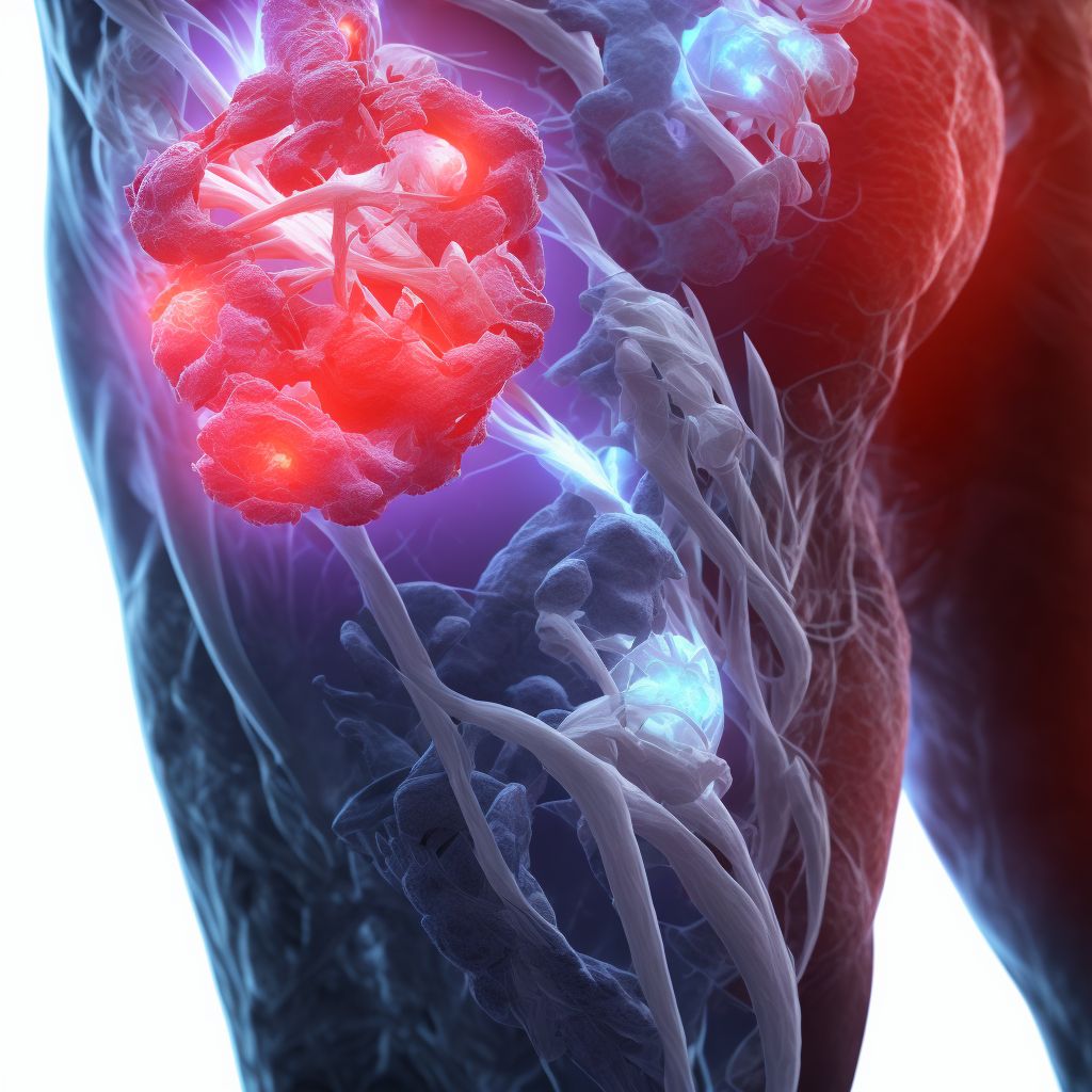 Laceration of adductor muscle, fascia and tendon of right thigh digital illustration