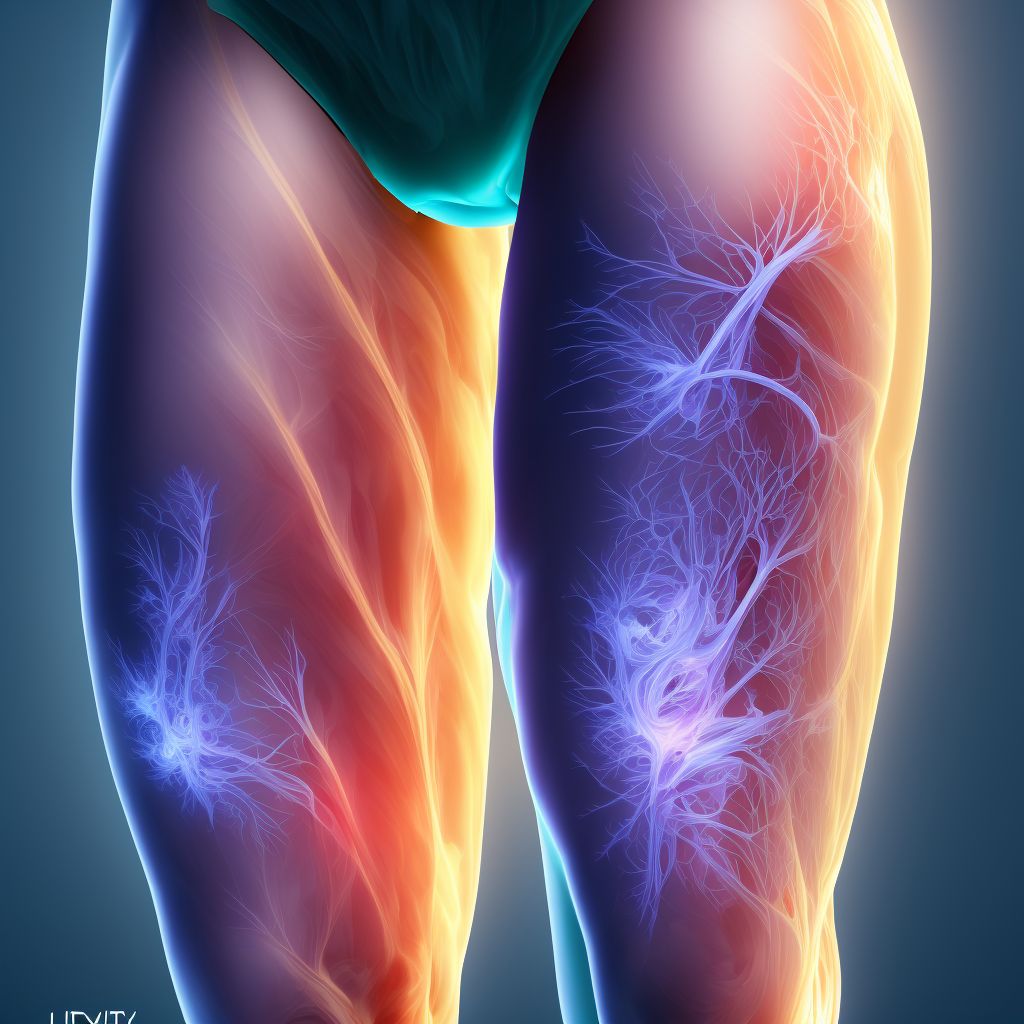 Unspecified injury of muscle, fascia and tendon of the posterior muscle group at thigh level, left thigh digital illustration