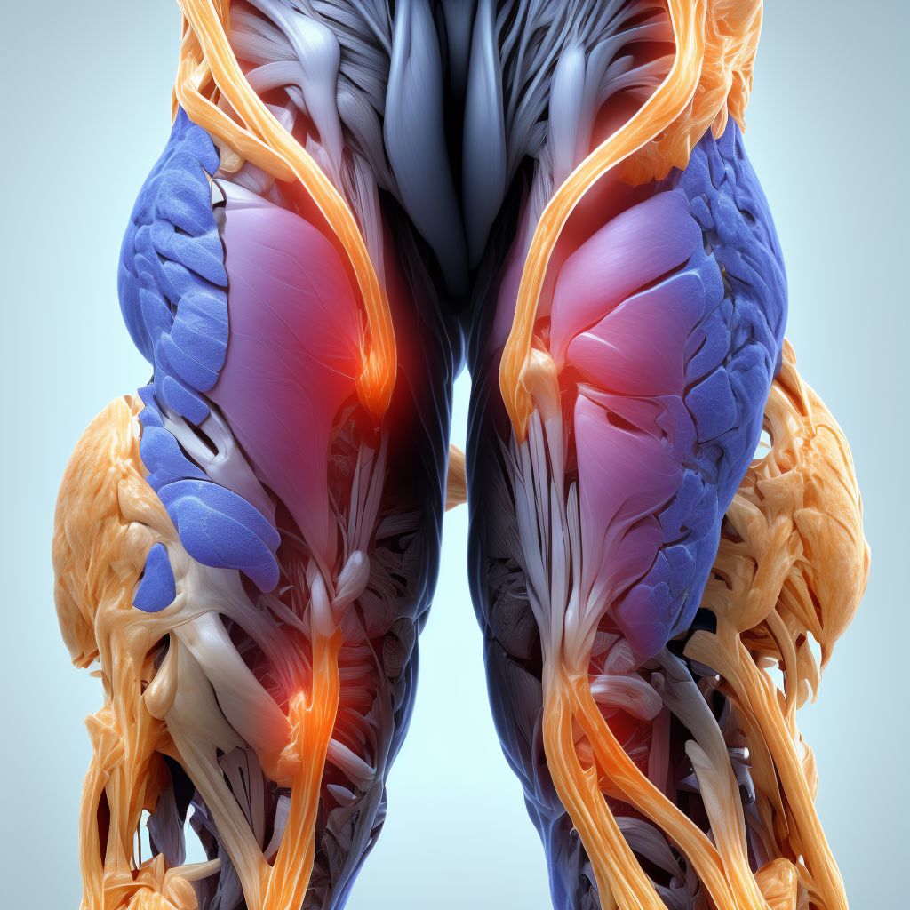 Strain of muscle, fascia and tendon of the posterior muscle group at thigh level, right thigh digital illustration