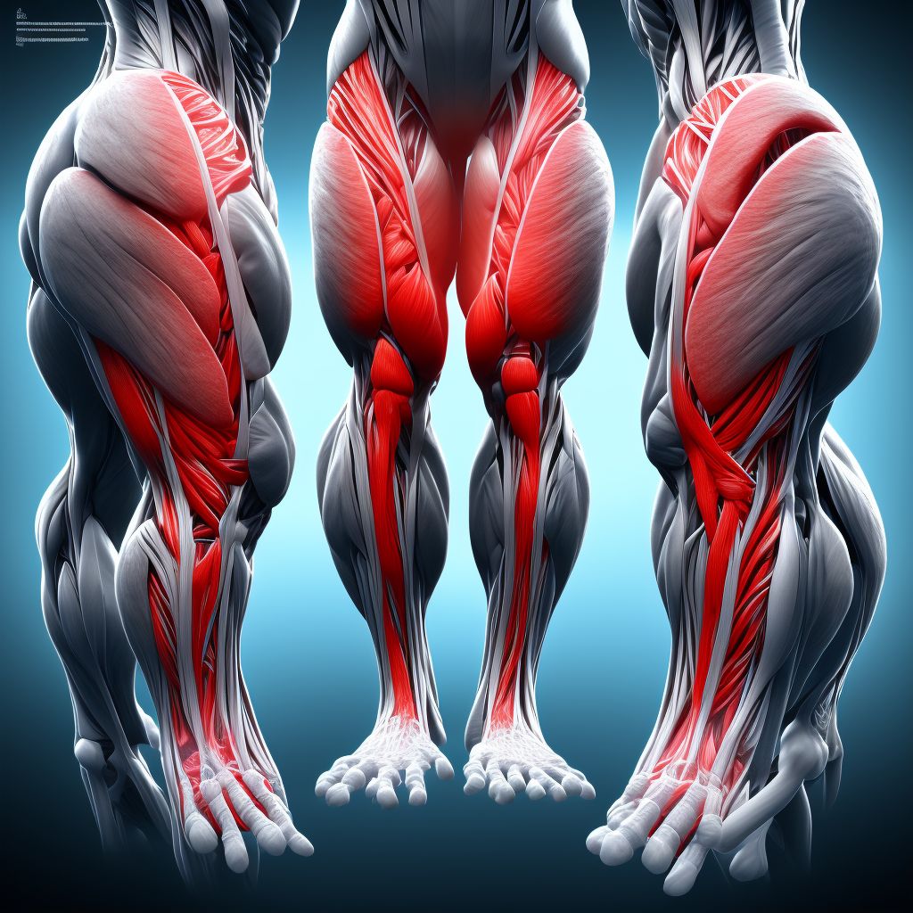 Strain of muscle, fascia and tendon of the posterior muscle group at thigh level, left thigh digital illustration