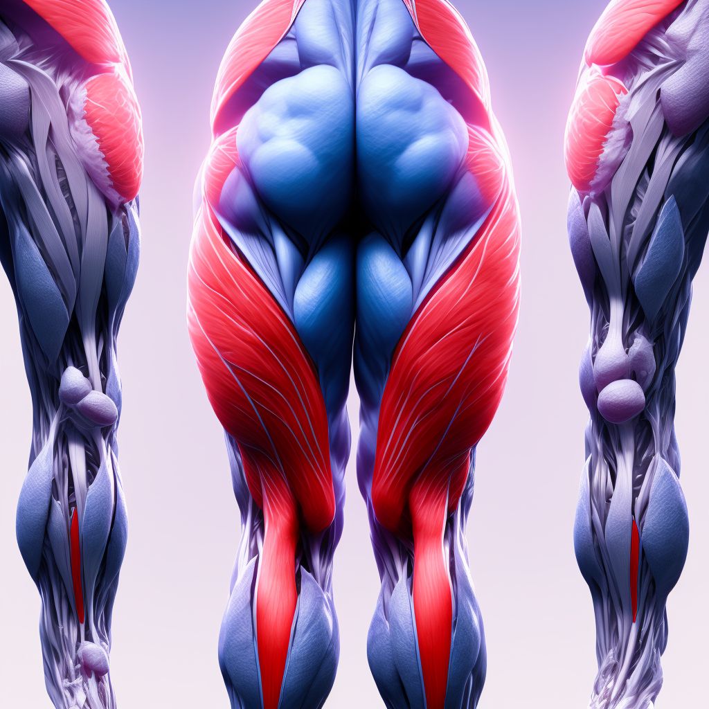 Laceration of muscle, fascia and tendon of the posterior muscle group at thigh level, left thigh digital illustration