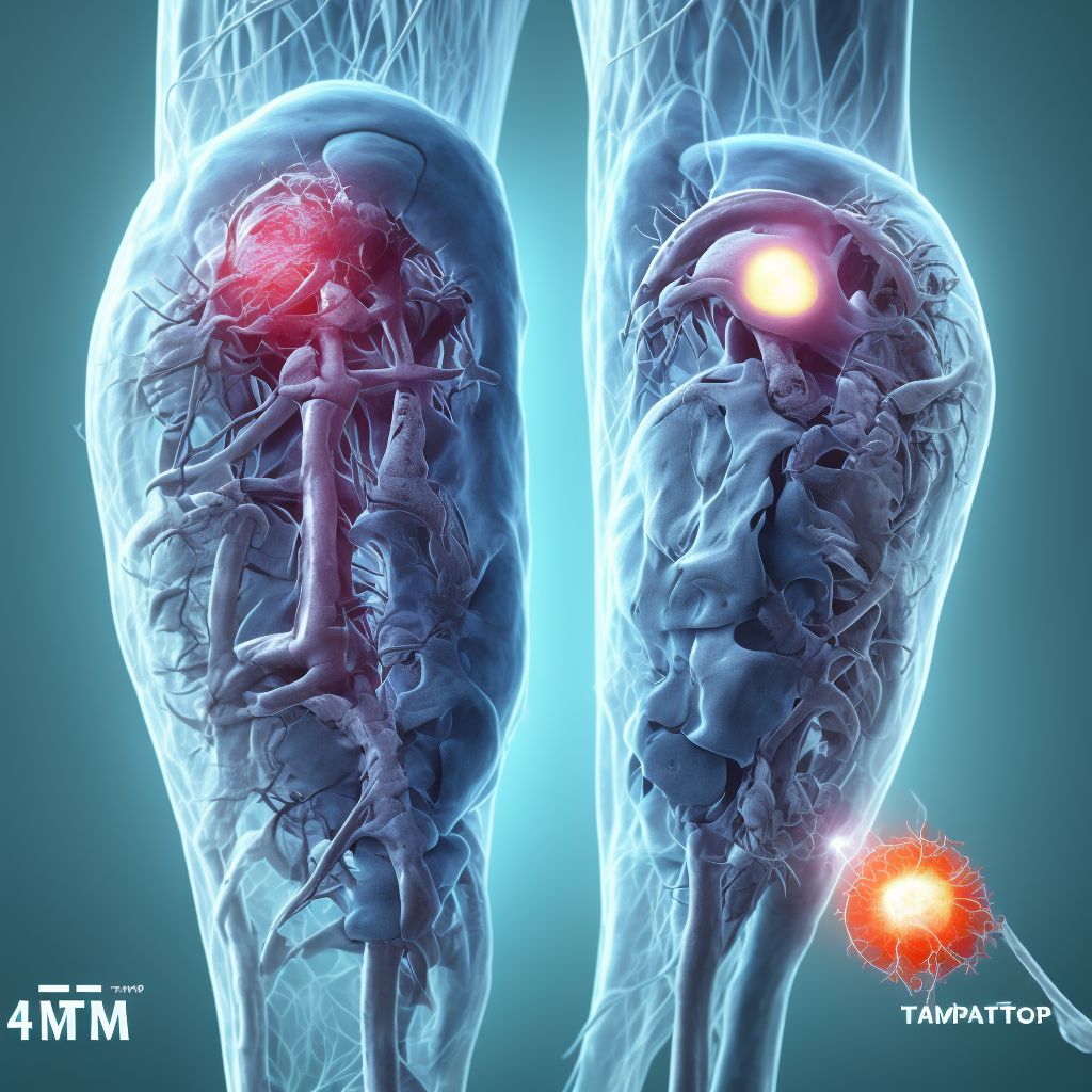 Complete traumatic amputation at knee level, right lower leg digital illustration