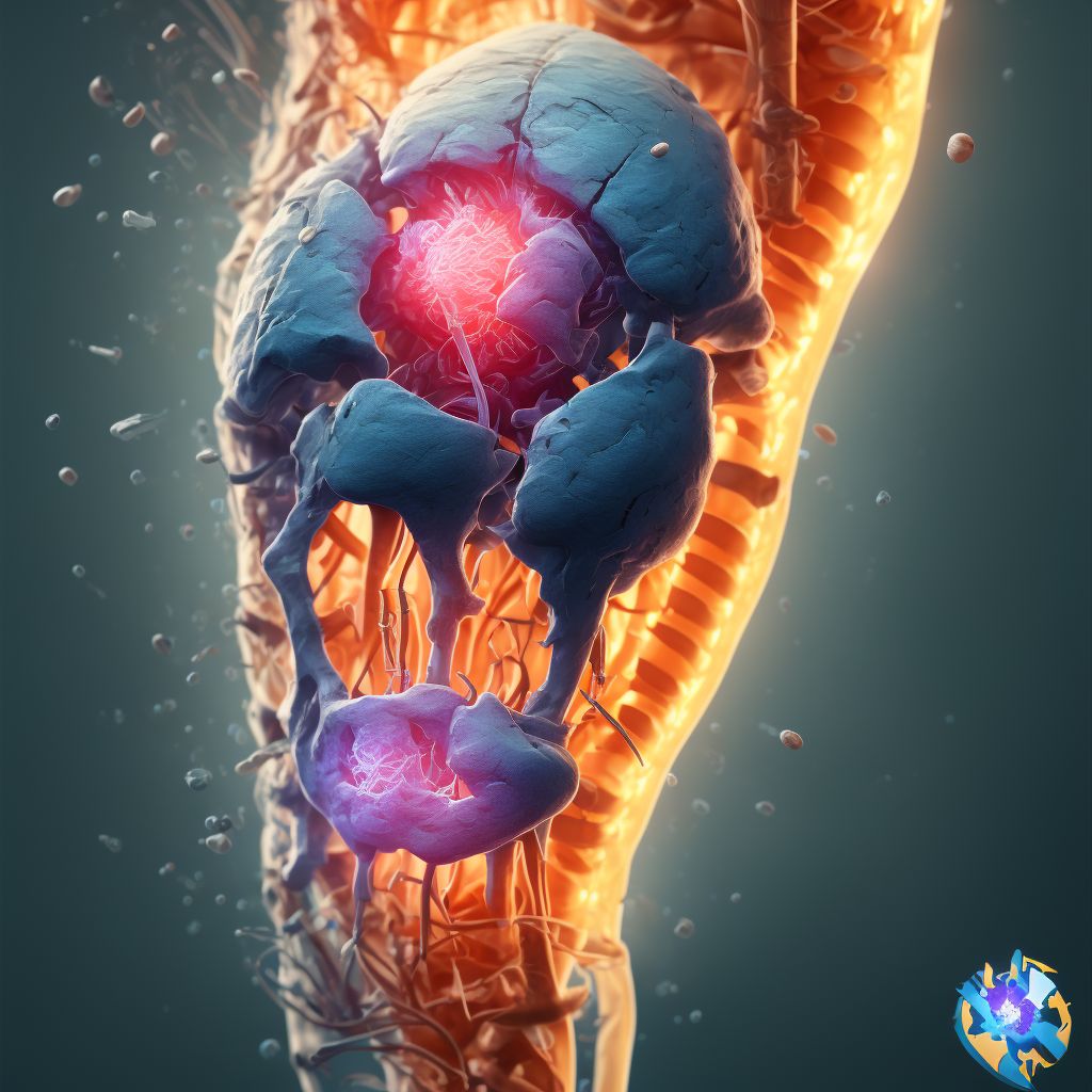 Complete traumatic amputation at knee level, left lower leg digital illustration