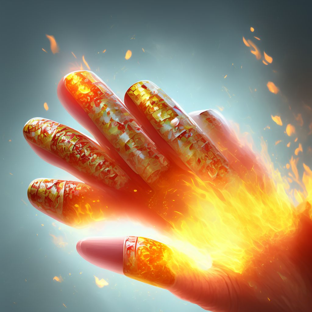 Burn of first degree of multiple right fingers (nail), including thumb digital illustration