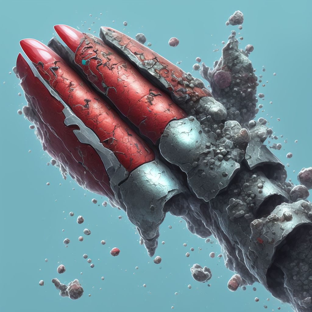 Corrosion of unspecified degree of single left finger (nail) except thumb digital illustration