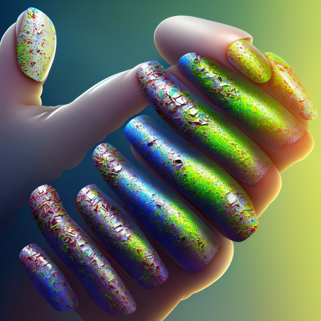 Corrosion of third degree of multiple left fingers (nail), including thumb digital illustration