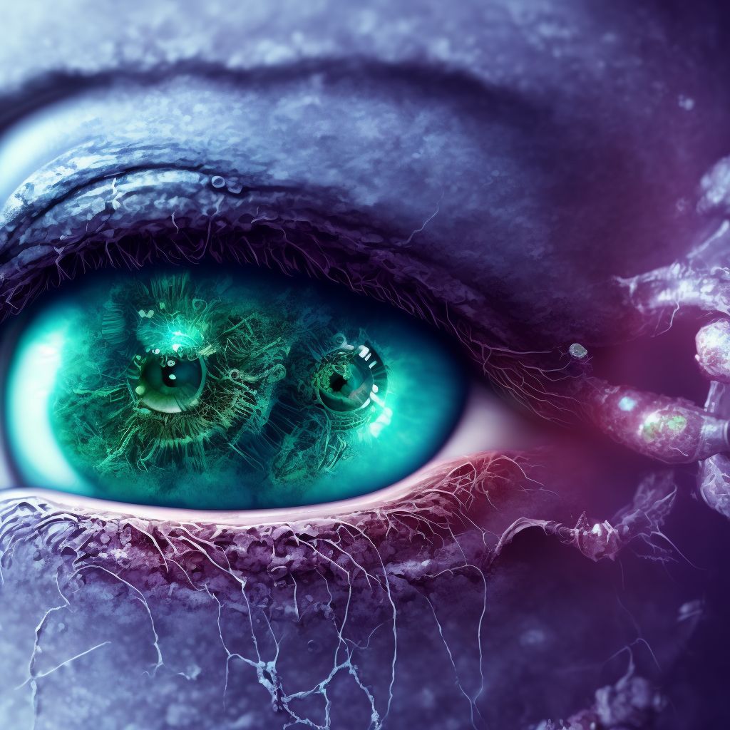 Corrosion of cornea and conjunctival sac, right eye digital illustration