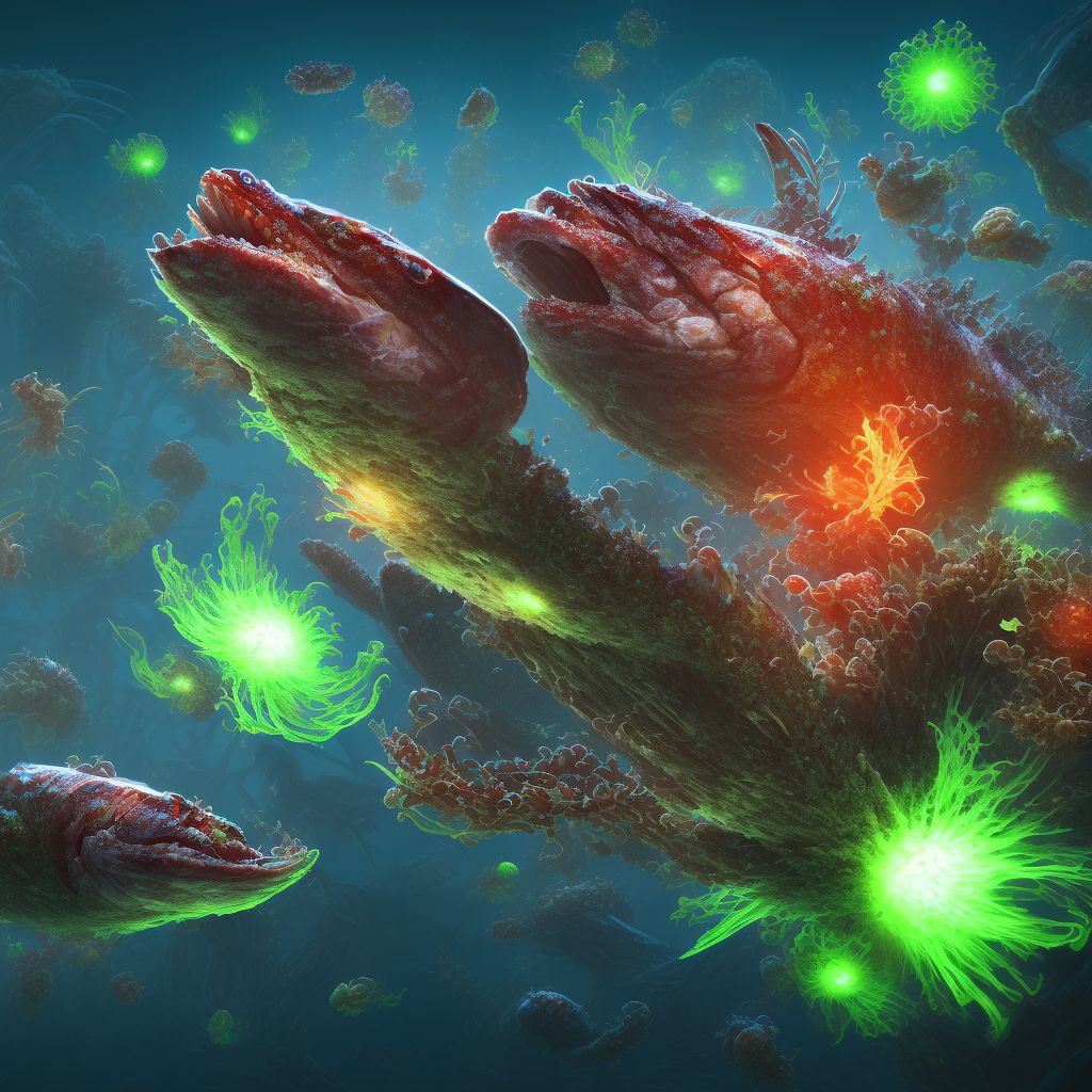 Toxic effect of unspecified seafood, assault digital illustration