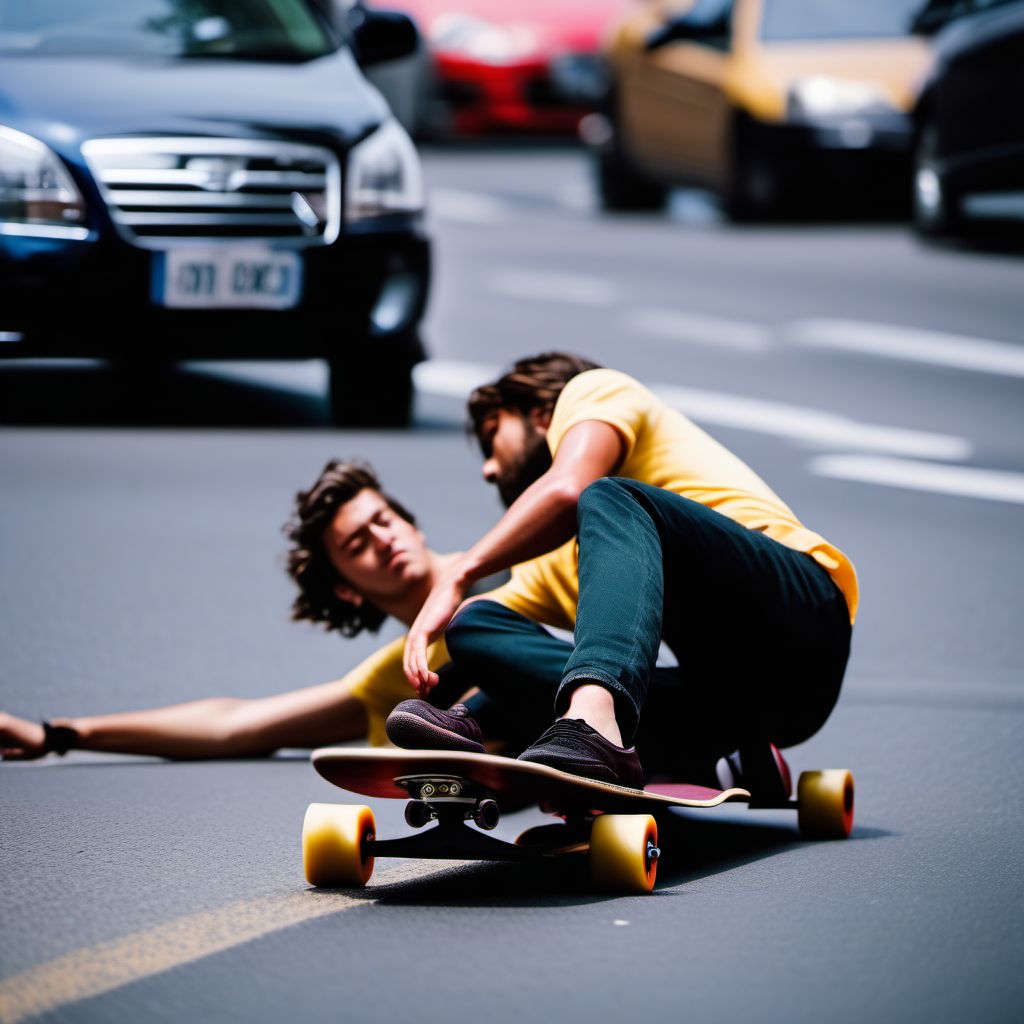 Pedestrian on skateboard injured in collision with pedal cycle in traffic accident digital illustration