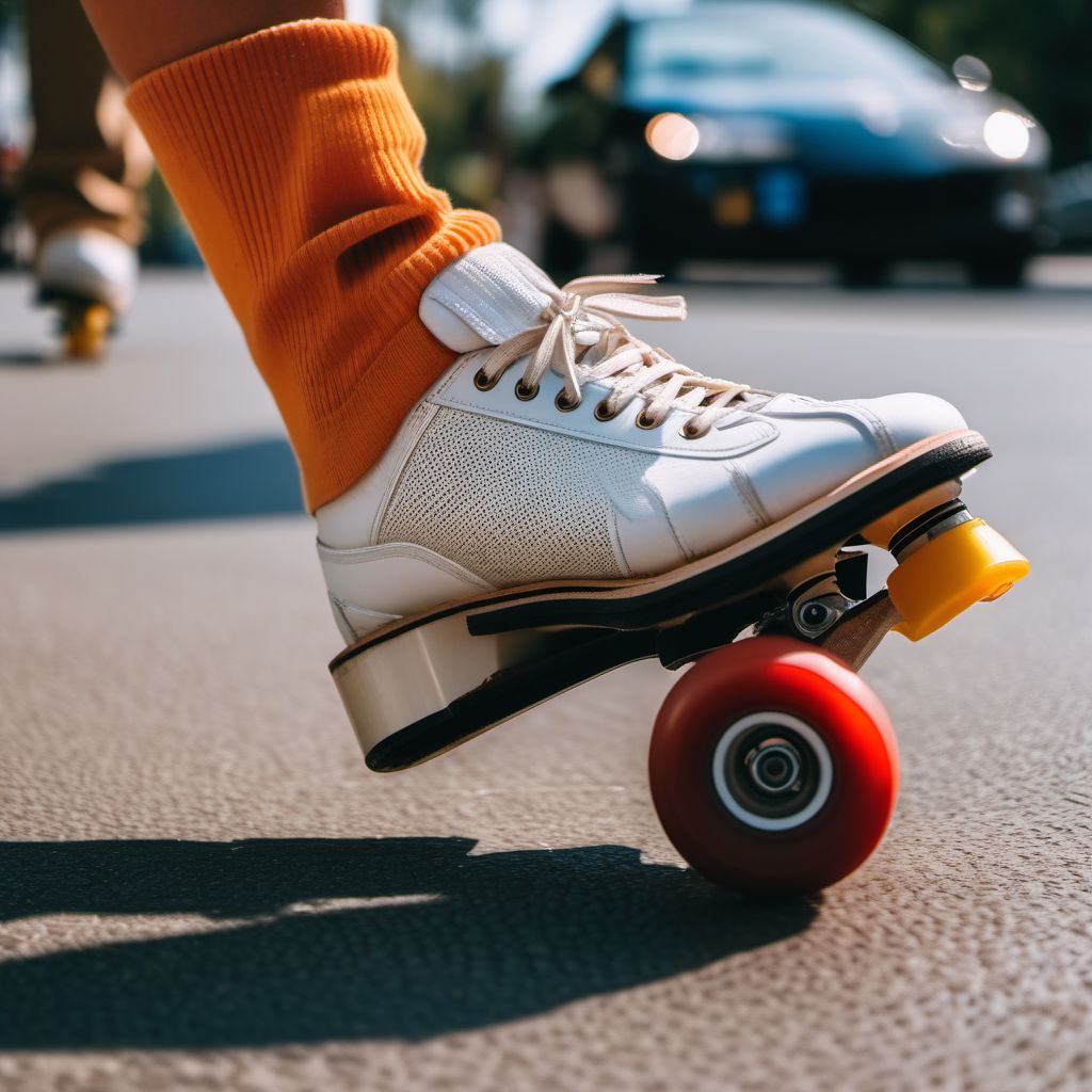 Pedestrian on roller-skates injured in collision with two- or three-wheeled motor vehicle in nontraffic accident digital illustration