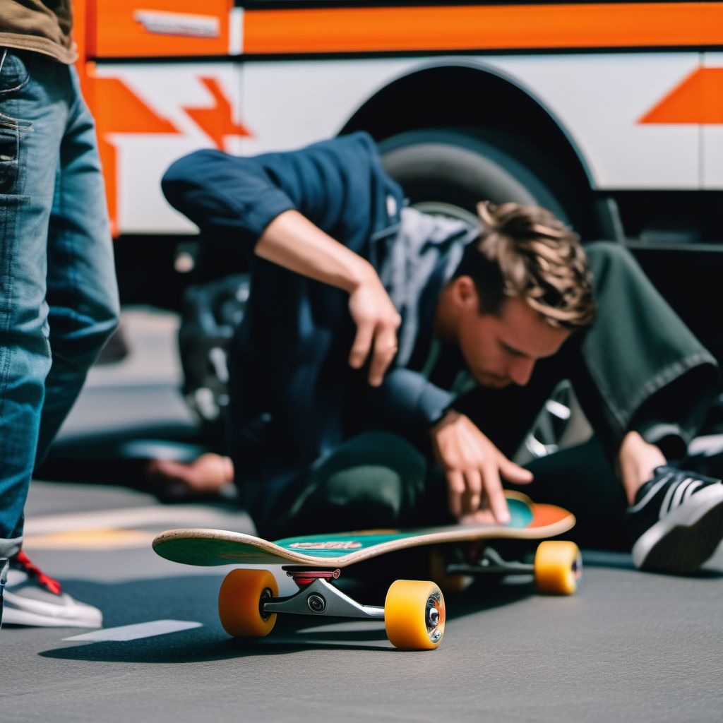 Pedestrian on skateboard injured in collision with two- or three-wheeled motor vehicle in nontraffic accident digital illustration