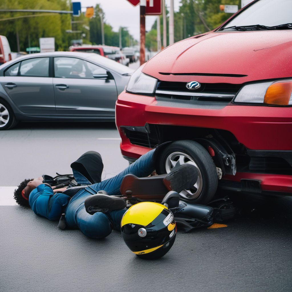 Pedestrian with other conveyance injured in collision with two- or three-wheeled motor vehicle in nontraffic accident digital illustration