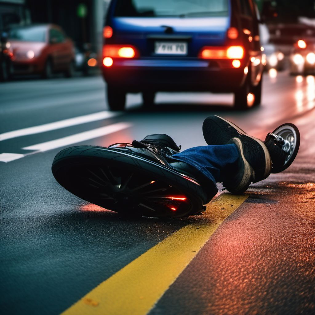 Pedestrian on foot injured in collision with two- or three-wheeled motor vehicle in traffic accident digital illustration