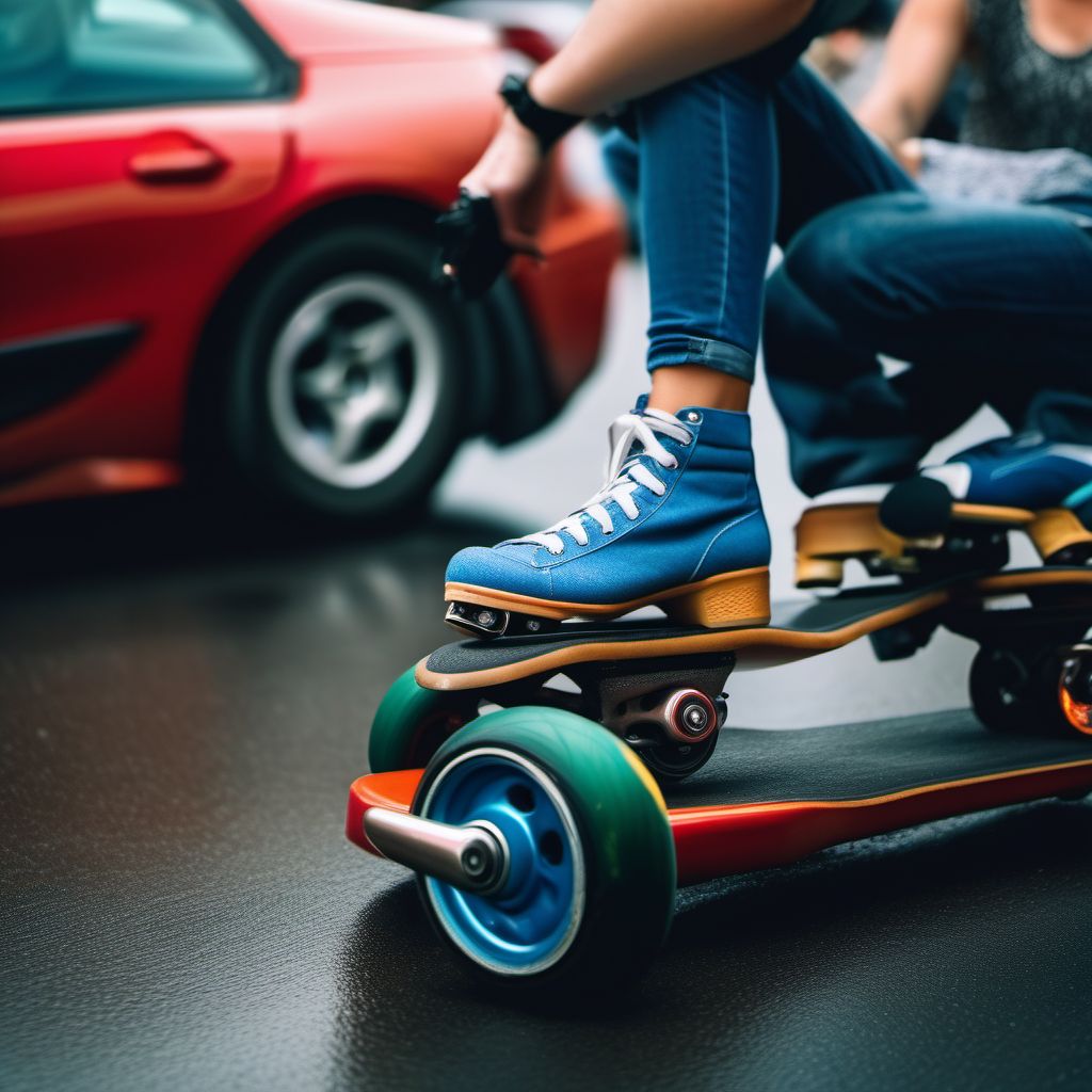 Pedestrian on roller-skates injured in collision with two- or three-wheeled motor vehicle in traffic accident digital illustration