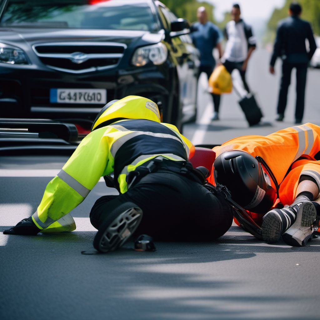 Pedestrian with other conveyance injured in collision with two- or three-wheeled motor vehicle in traffic accident digital illustration